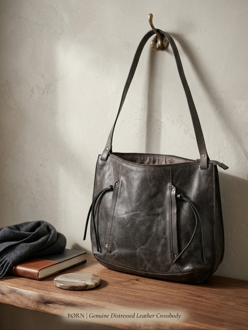 Børn Distressed Leather Crossbody Bag Grey Slate Large Hobo Shoulder Bag